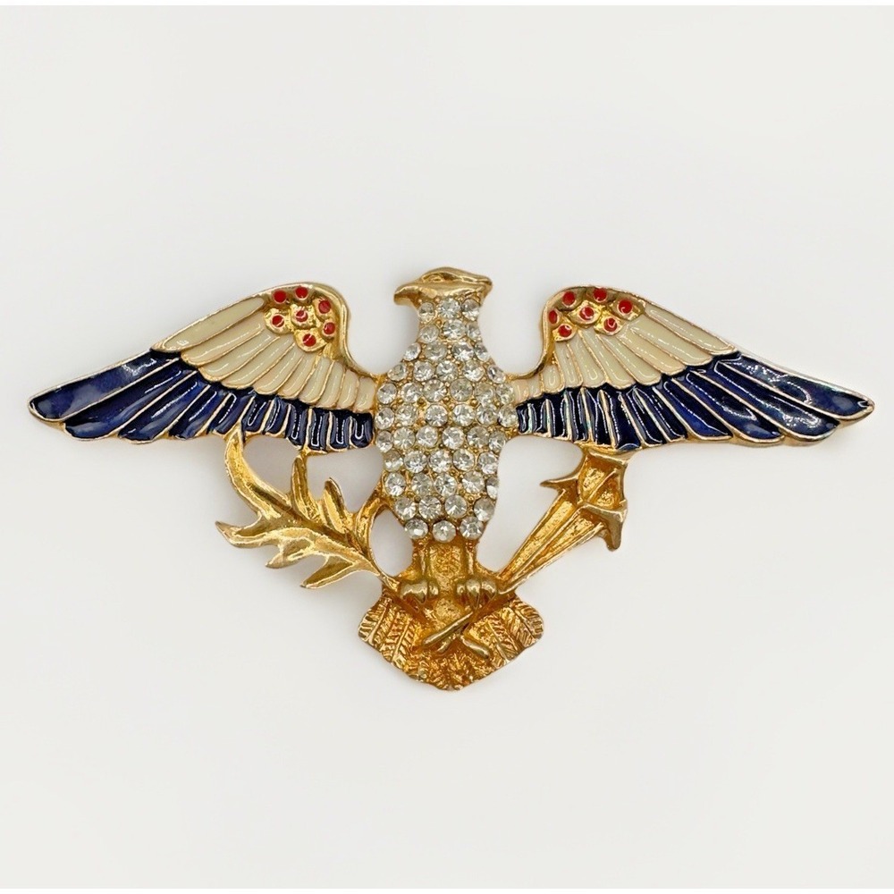 Vintage EISENBERG ICE Eagle Brooch Rhinestone Enamel Gold tone Patriotic USA